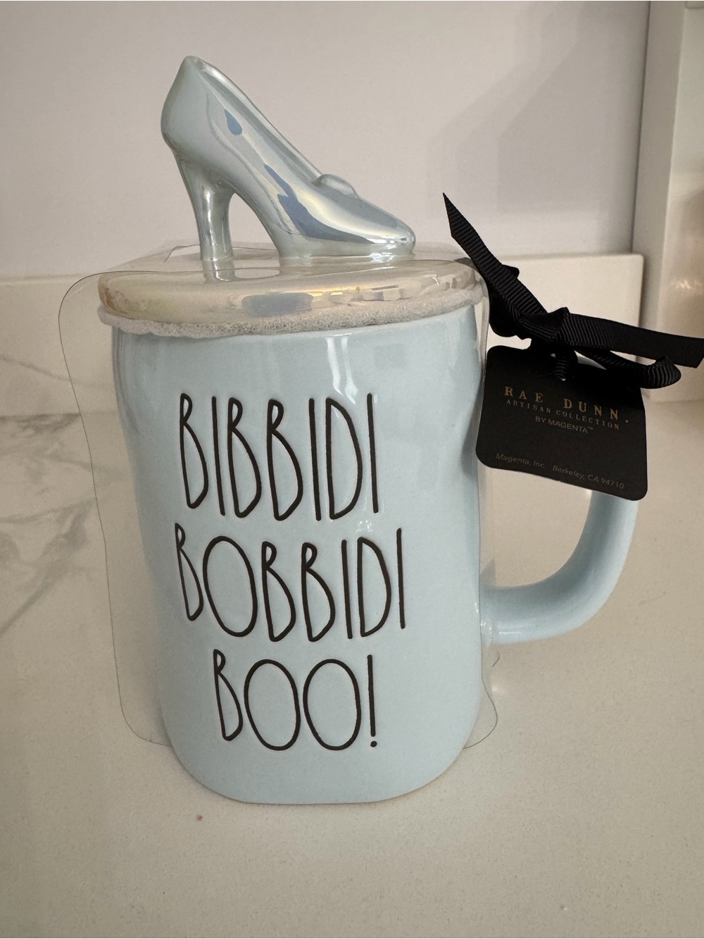 Rae Dunn Light Blue 'Bibbidi Bobbidi Boo!' Ceramic Mug with Shoe Lid